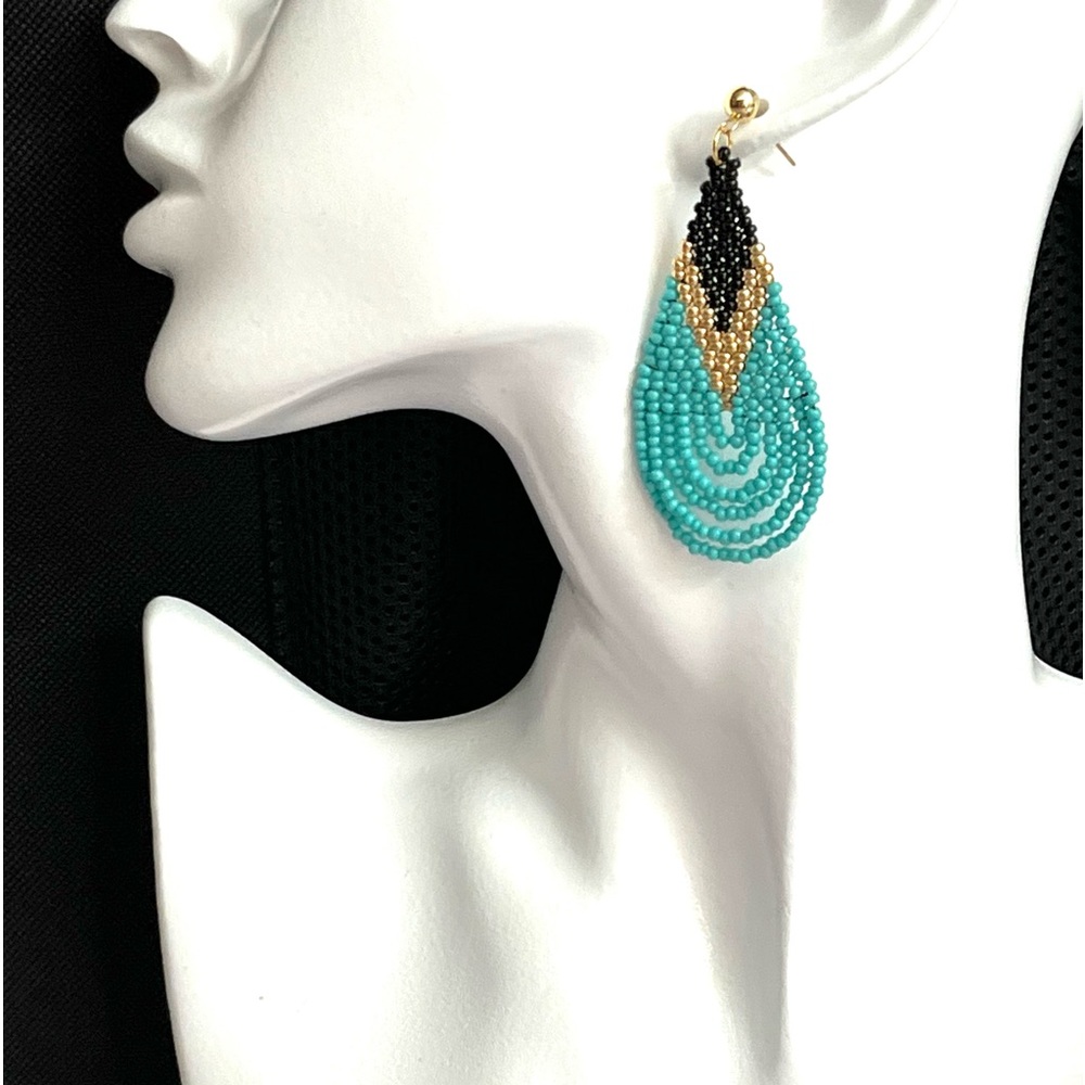 Hand Crafted Turquoise, Black & Gold Beaded Teardrop Earrings